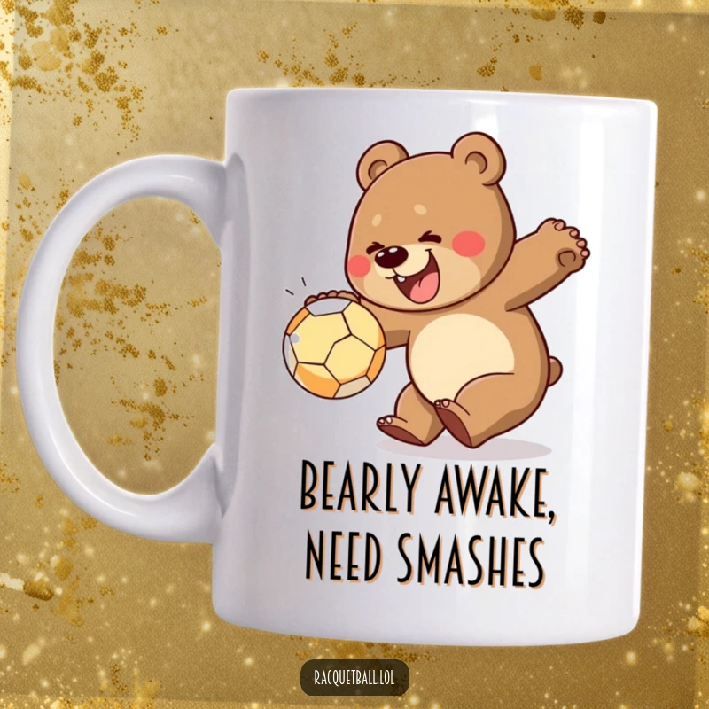 Funny mug featuring a cheerful, powerful bear lunging forward with intense focus to smash a ball, radiating energetic fun for sports lovers.