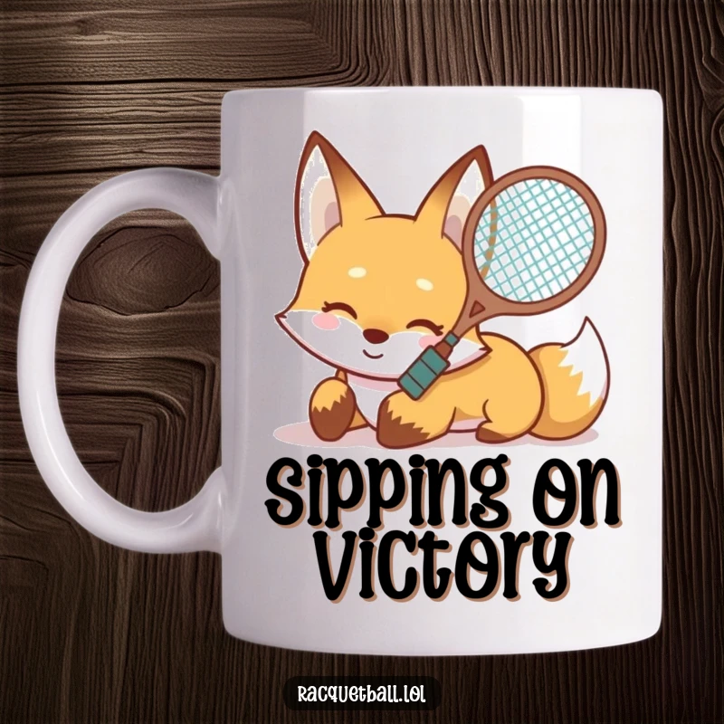 Funny Fox Sliding Mug depicting a smiling fox sliding on its belly with a tennis racquet aimed forward, ready for action.