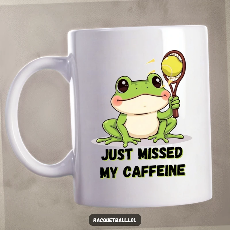 Funny mug showing a cheery frog’s wide-eyed stare as a racquetball zooms past, capturing a moment of surprised, humorous observation.