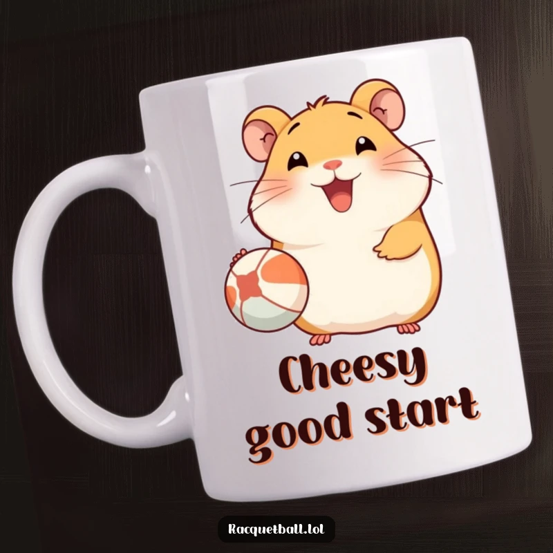 Funny Hamster Serving Mug: A happy hamster with a big smile, energetically serving a ball, showcasing pure joy in sports.