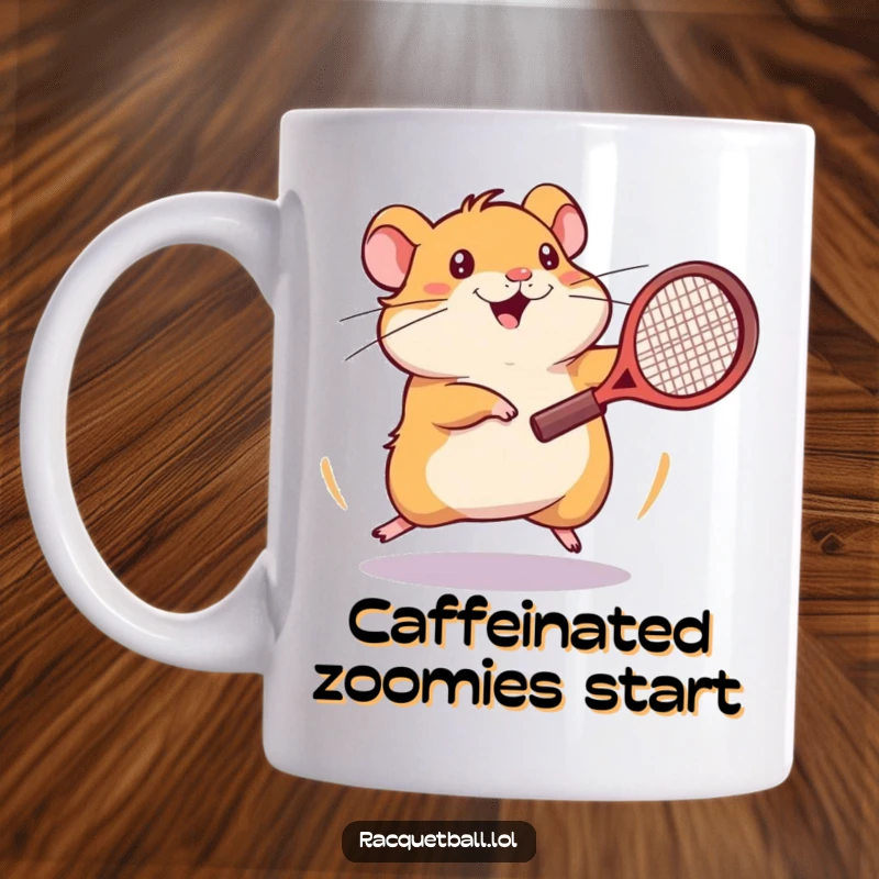 Funny hamster tennis mug showing an energetic hamster spinning frantically with a tiny tennis racquet.