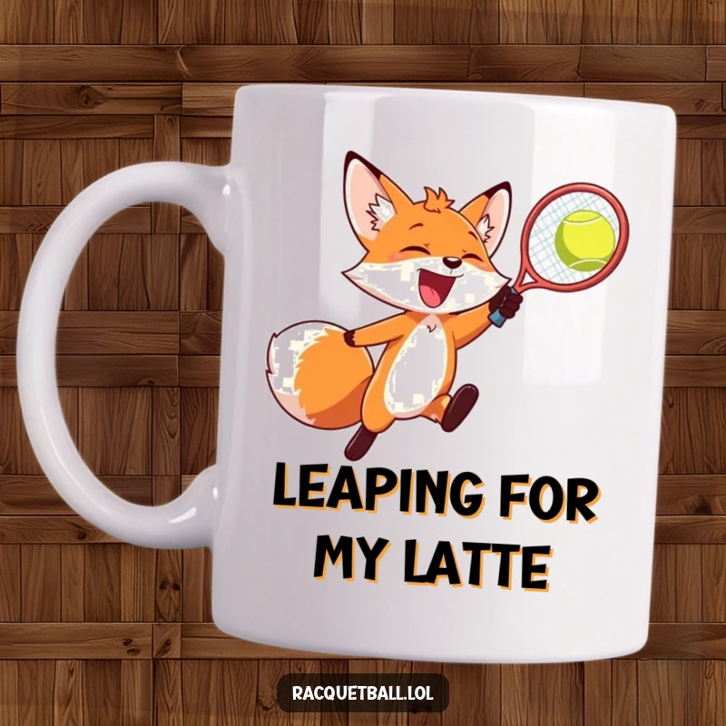 Funny fox mug, a joyful fox leaping high to smash a racquetball mid-air with pure excitement.