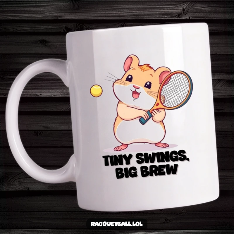 Funny kawaii hamster mug, a very cute hamster energetically swinging a tiny racquetball racquet, full of joy.