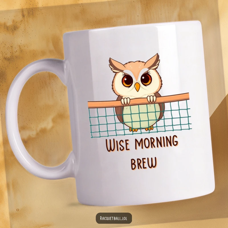 Funny Owl Mug: A wise owl peeking curiously from behind a racquetball net, adding a touch of humor and observation.