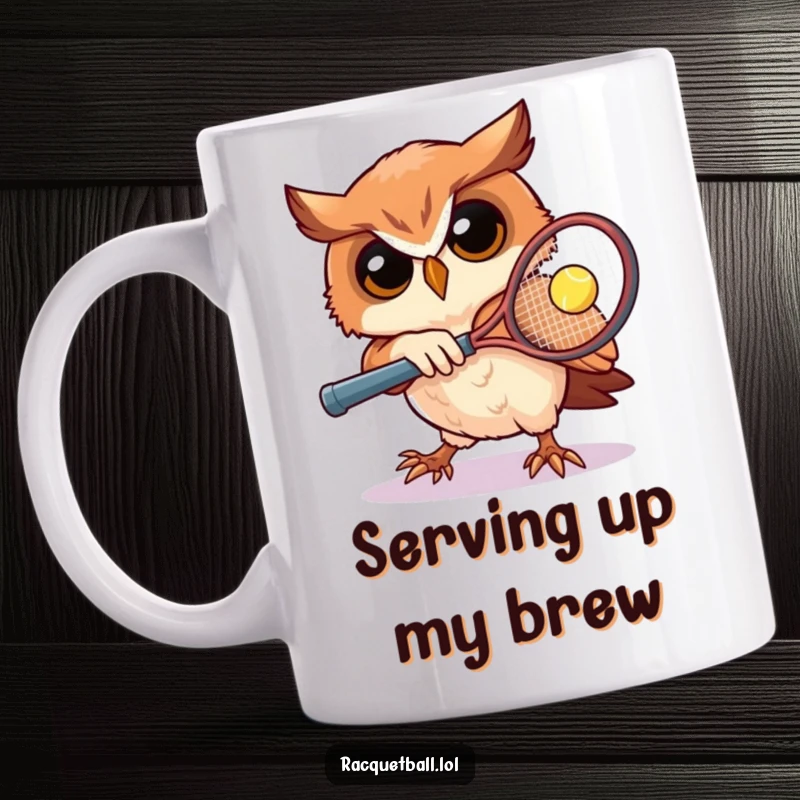 Funny owl tennis mug depicting a determined owl swinging a tiny racquet at a fast ball, perfect for sports lovers, a humorous gift.