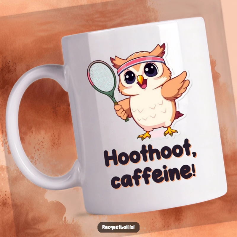 Funny mug with a cheerful owl wearing a headband and energetically swinging a tennis racquet, ready to win the match with a hoot.