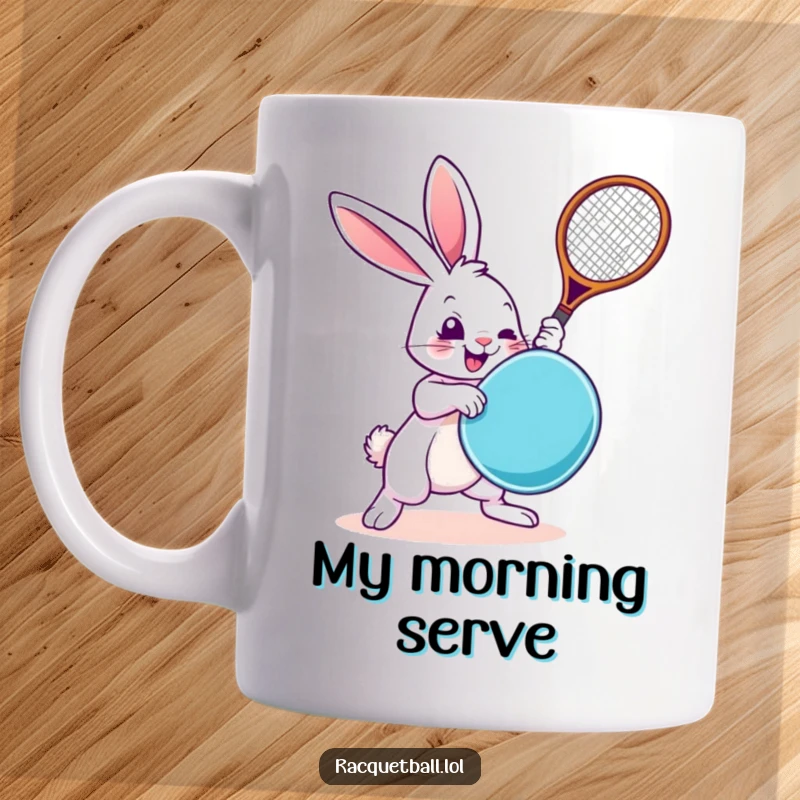 Funny Rabbit Mug: A cartoon rabbit energetically swinging a racquetboard with a determined, exaggerated motion, ready for a game.