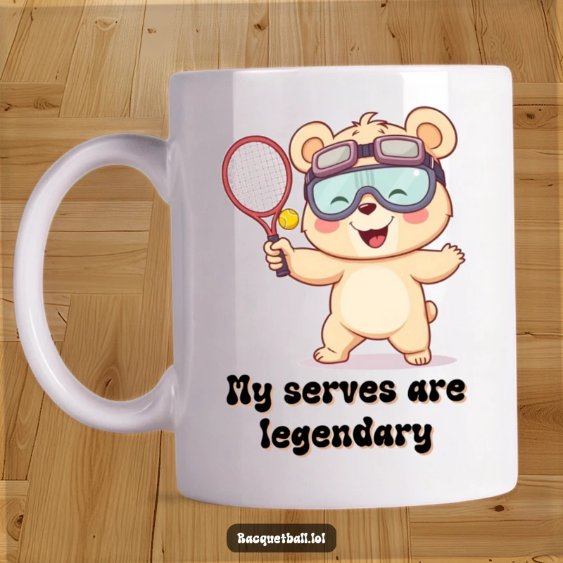 Funny mug with a giggling bear in oversized goggles energetically serving a racquetball with a grand flourish, capturing a moment of playful sports absurdity.