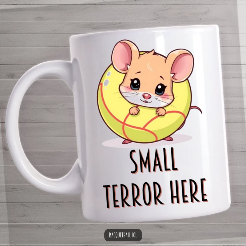 Funny shy mouse peeking nervously from behind a racquetball, looking anxious. A delightful funny gift for gamers.