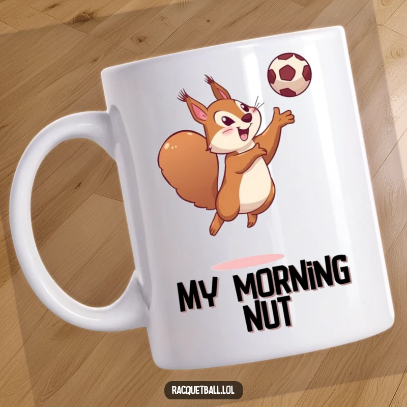 Funny determined squirrel leaping high in the air, hitting a ball with a playful smile on a mug.