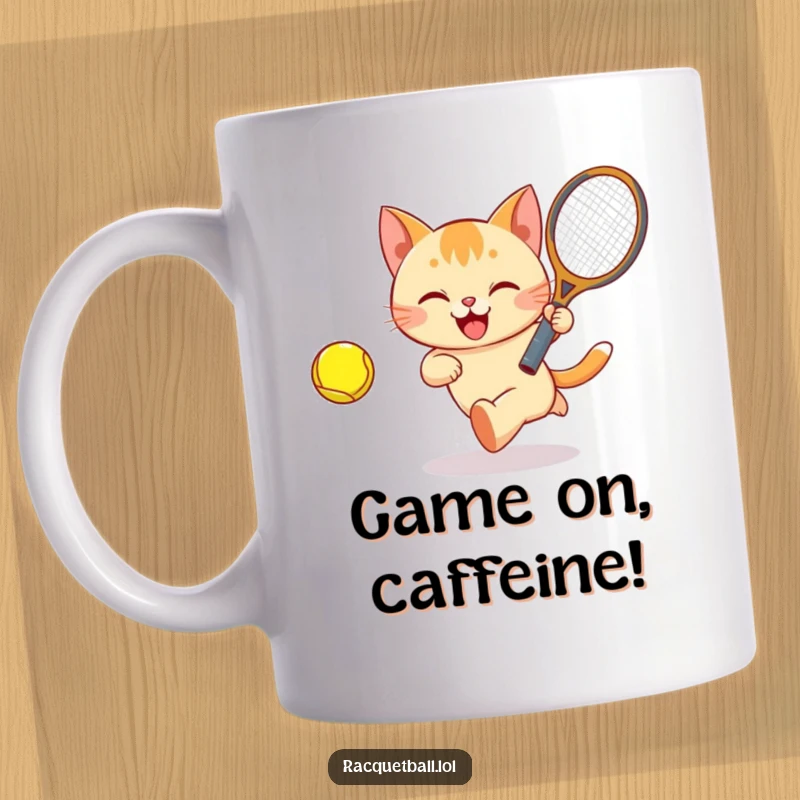 Funny Cat Tennis Mug depicting a happy cat gleefully chasing a brightly colored ball with a tennis racquet.