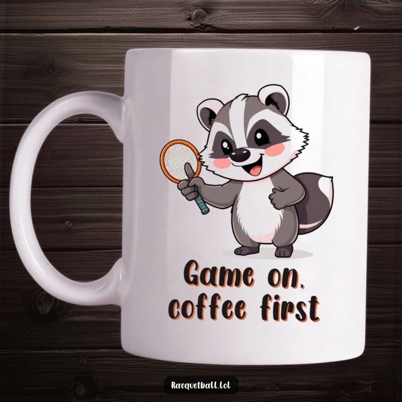 Funny badger mug with a thumbs up, holding a tennis racquet with a huge smile, ready for a match. Sporting good vibes.