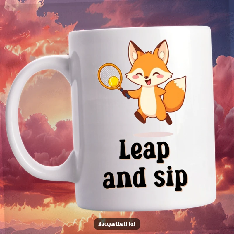 Funny Mug: A cheerful fox leaps high to hit a bright yellow ball with a tiny racquet, showcasing playful sports enthusiasm.