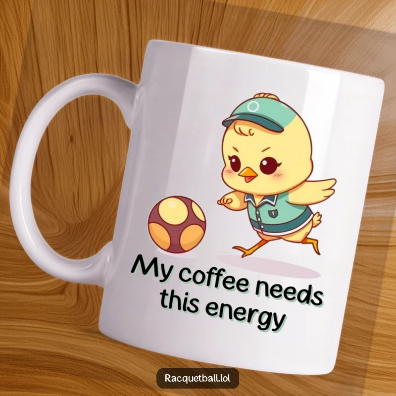 Funny chick athlete mug with a tiny uniformed bird lunging with fierce determination for a bouncing ball, capturing intense sports action.