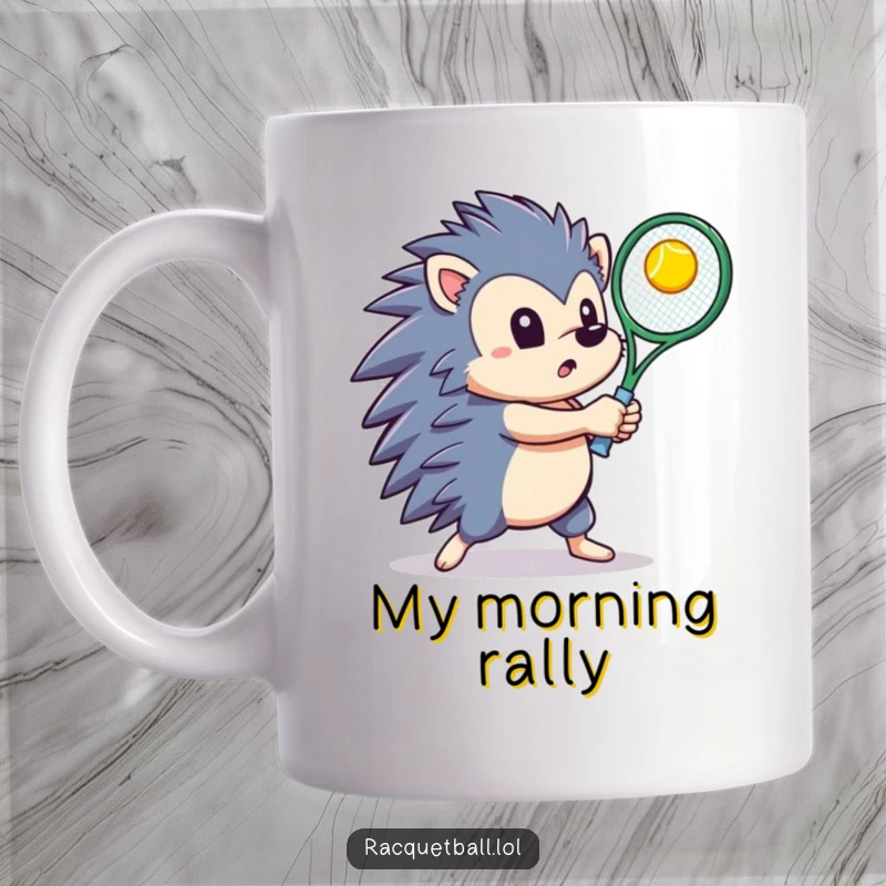 Determined hedgehog wearing a determined expression, swinging a tennis racquet to hit a bright ball upwards, on a mug.