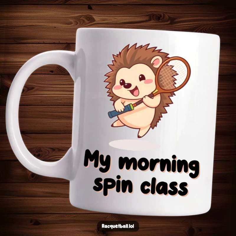 Funny hedgehog tennis mug, a happy athlete spinning rapidly with a racquet, creating a colorful blur, perfect for enthusiastic players.