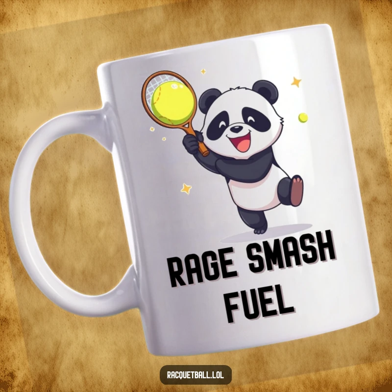 Funny Mug: A panda aggressively smashes a racquetball against a wall with pure, unadulterated glee, ready for a game.
