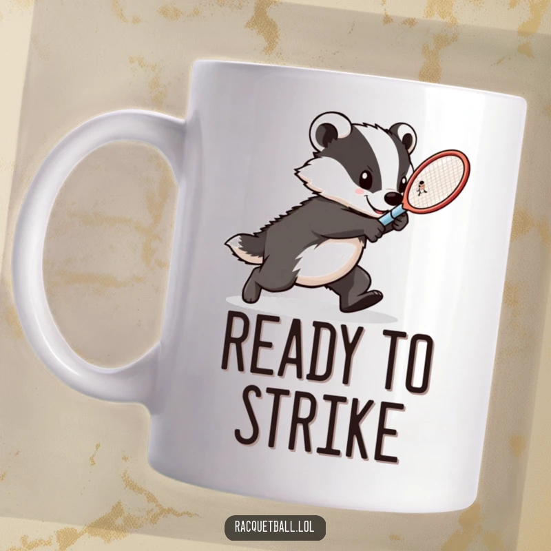 Funny badger tennis mug, a determined athlete lunging forward with speed, racquet ready to strike the ball with fierce focus.