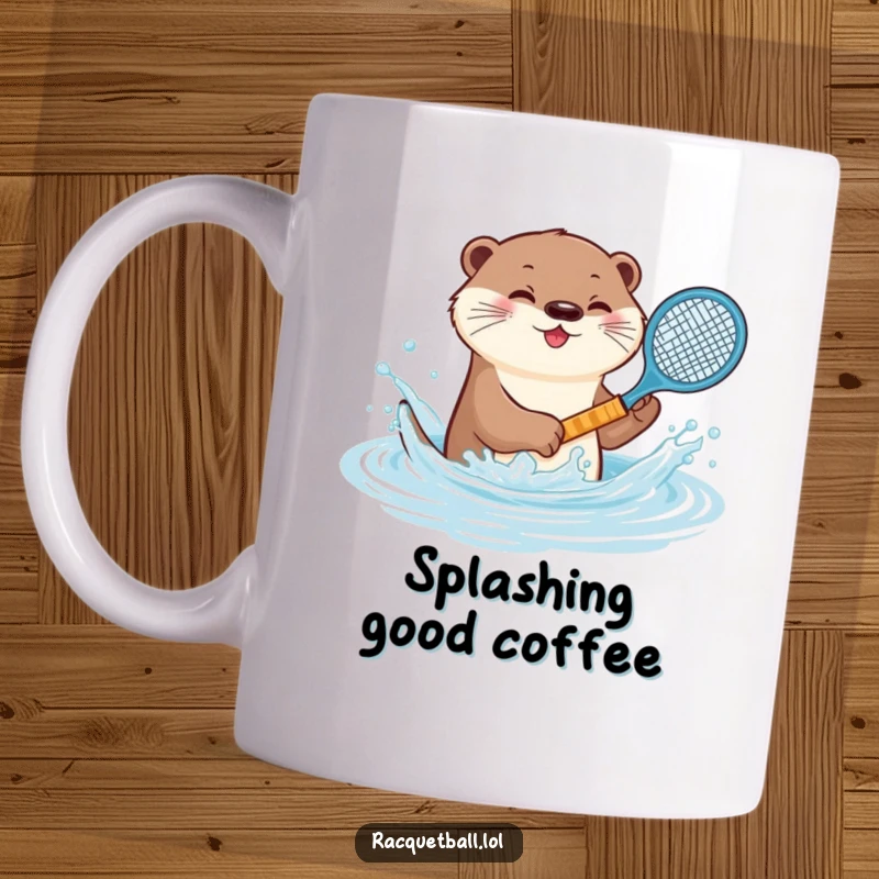 Funny otter tennis mug, a playful animal splashing water with a miniature racquet, embodying aquatic joy and lighthearted fun.