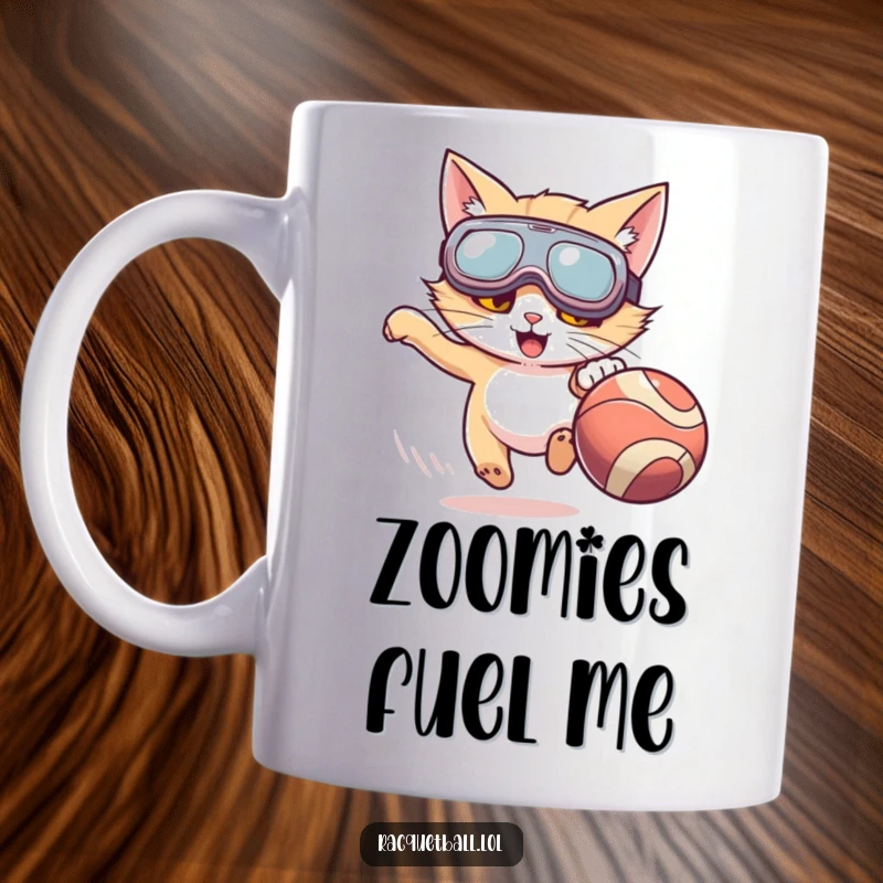 Funny mug featuring a cat wearing oversized goggles, enthusiastically chasing a fast-moving ball with wild abandon.