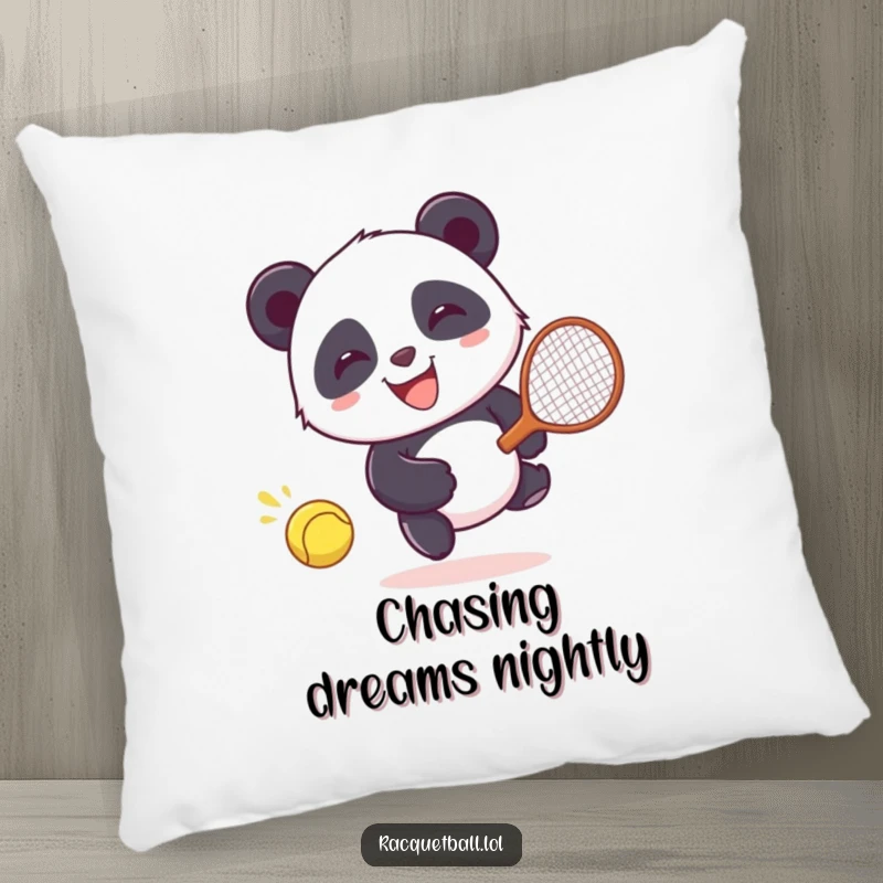 Funny Pillow: Giggling panda character happily chasing a runaway racquetball, a soft and humorous decorative item.
