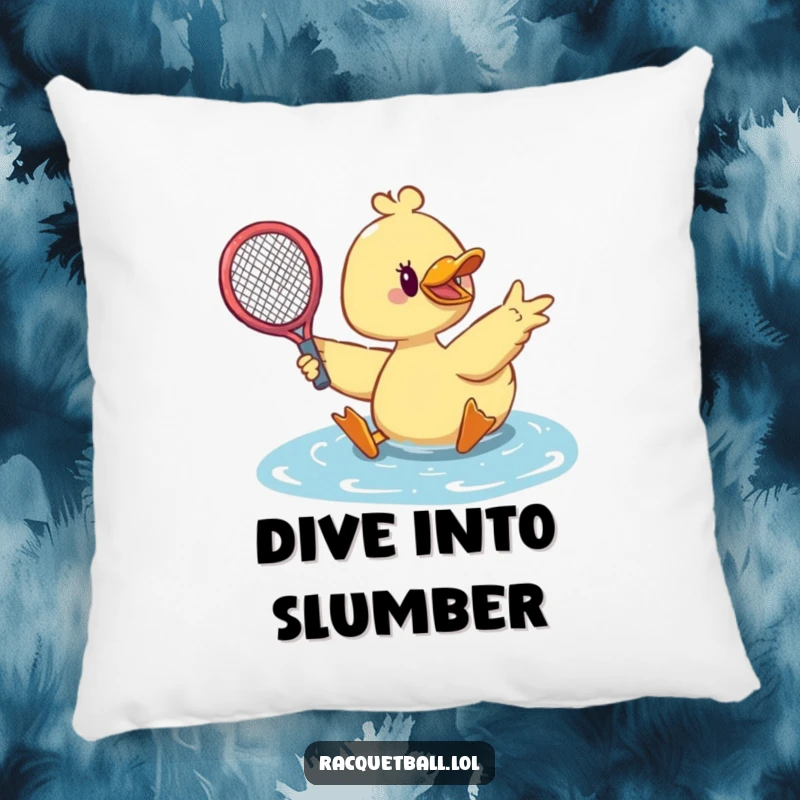 Funny duck tennis pillow showing a cute duck dramatically sliding with its tennis racquet outstretched to make a save.