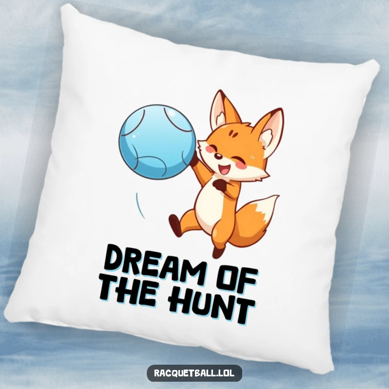 Funny fox leaping to hit a blue ball on a soft pillow. A dynamic funny gift for comfort.