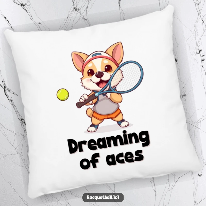 Funny dog tennis pillow showing a small, energetic dog in athletic gear smashing a tennis ball with a racquet.