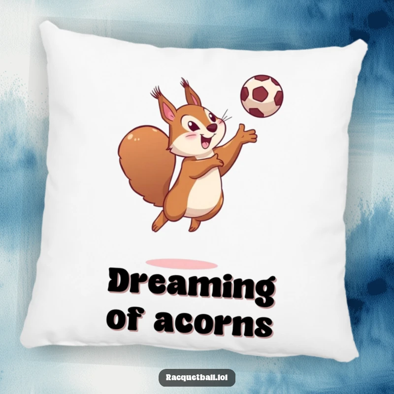 Funny decorative pillow with a determined squirrel leaping high, hitting a ball with a playful smile.