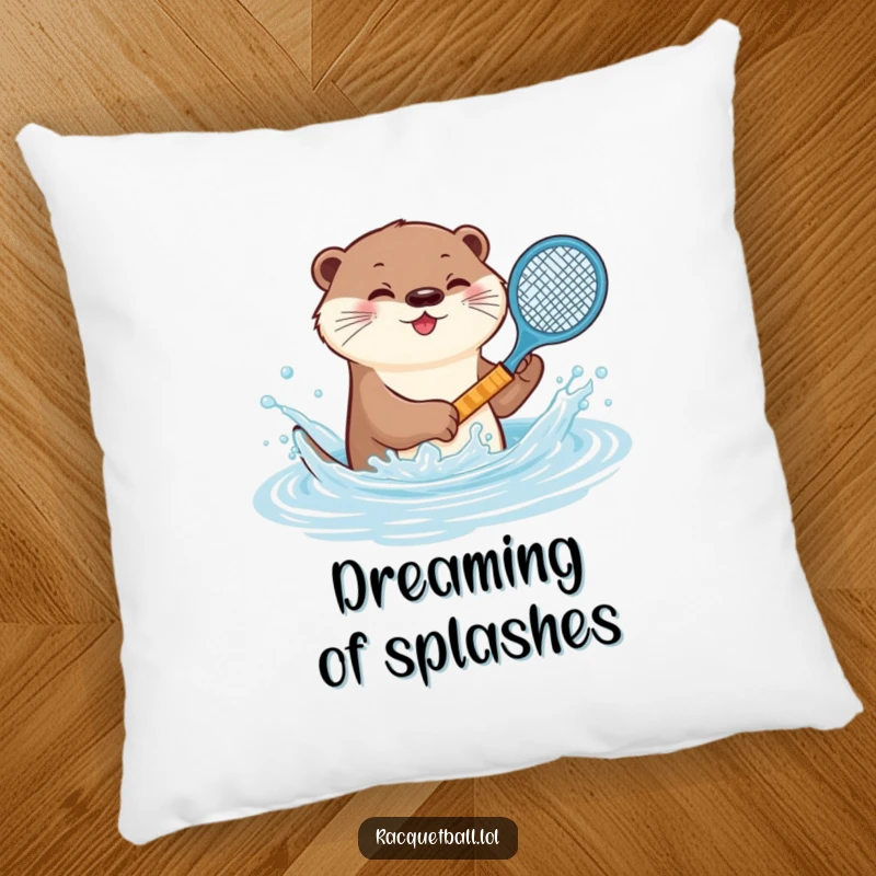 Funny otter tennis pillow, a playful animal splashing water with a miniature racquet, embodying aquatic joy and soft comfort.