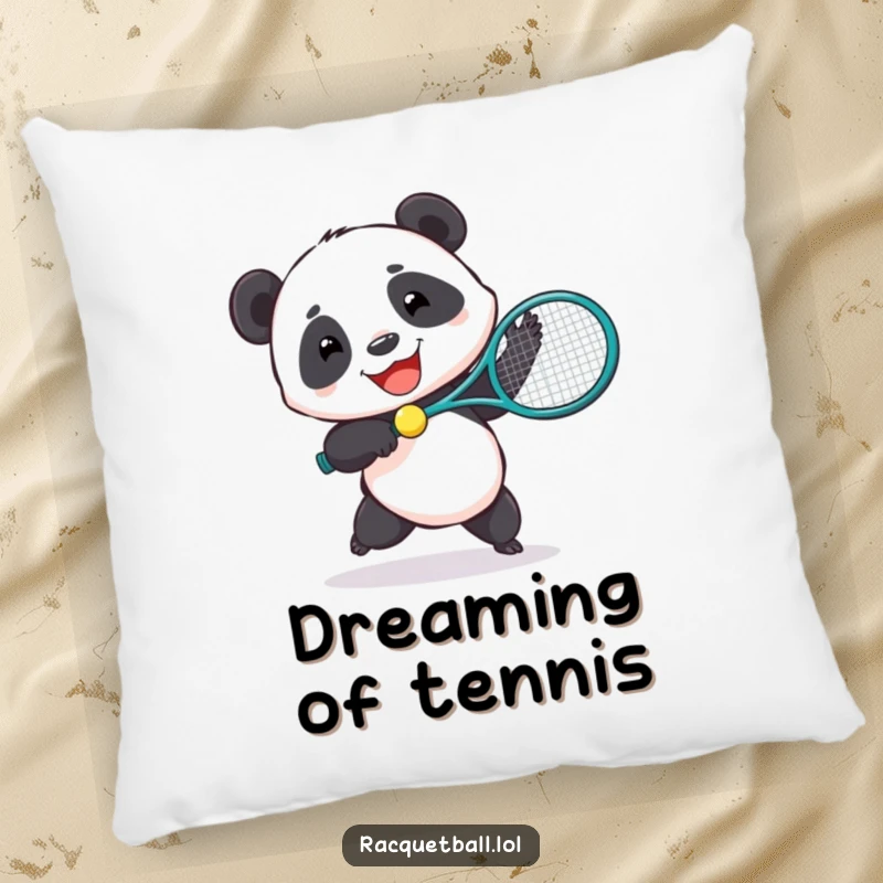 Funny pillow designed as a joyful panda playing tennis with a comically oversized racquet, offering comfort.