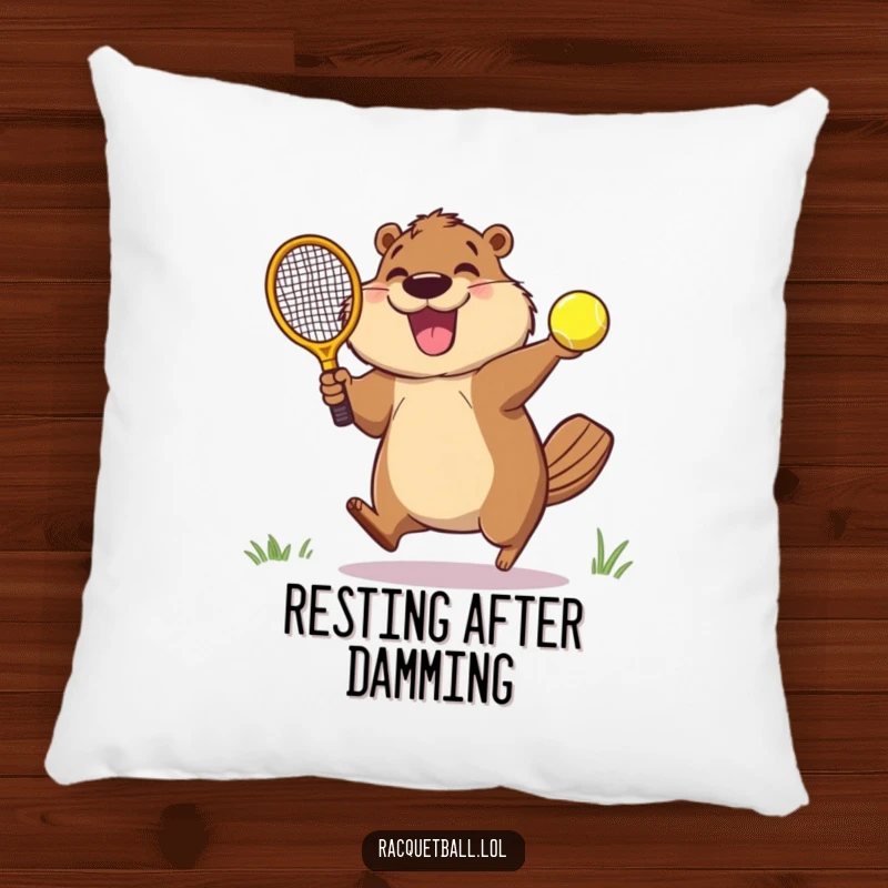 Funny pillow illustration of a overjoyed beaver leaping to slam a racquetball with its paddle, embodying sports enthusiasm.