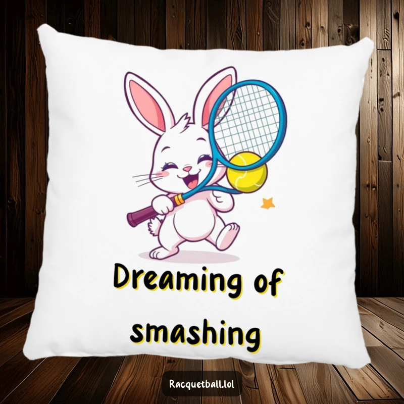 Funny decorative pillow with a cheerful bunny smashing a colorful racquetball with extreme enthusiasm.