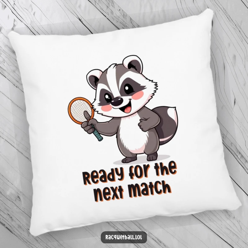 Funny badger pillow showing a cheerful badger giving a thumbs up, holding a tennis racquet. Cozy and humorous sports decor.