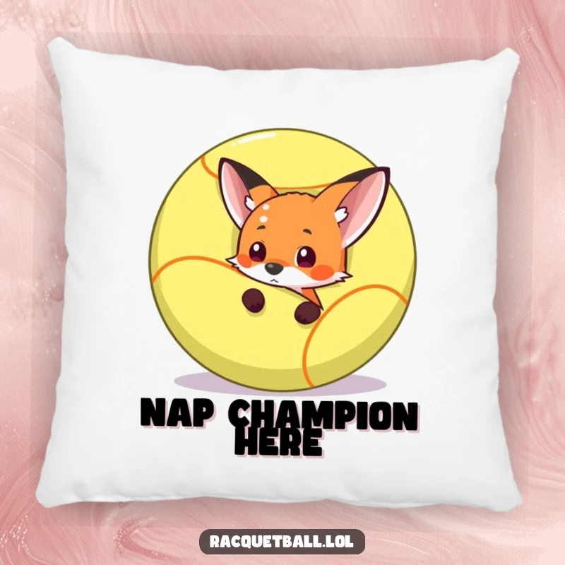 Funny fox peeking behind a huge racquetball, ready for action, on a soft and funny decorative pillow.