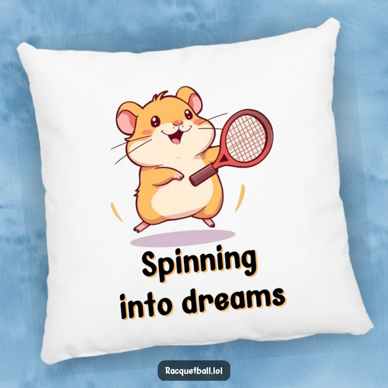 Funny hamster tennis pillow showing an energetic hamster spinning frantically with a tennis racquet in its paw.