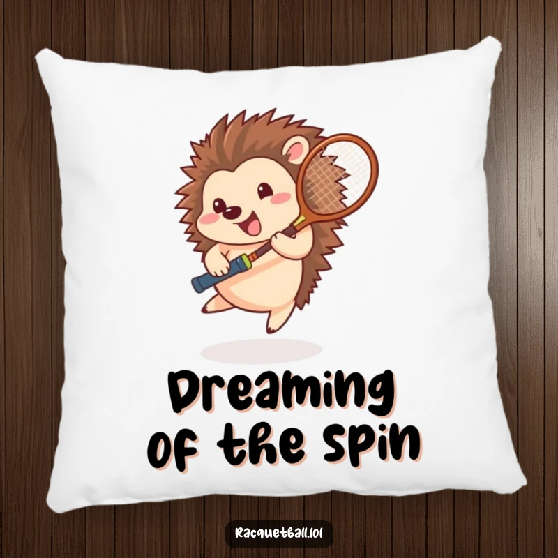 Funny hedgehog tennis pillow, a happy athlete spinning with a racquet, embodying playful energy and athletic spirit for cozy comfort.