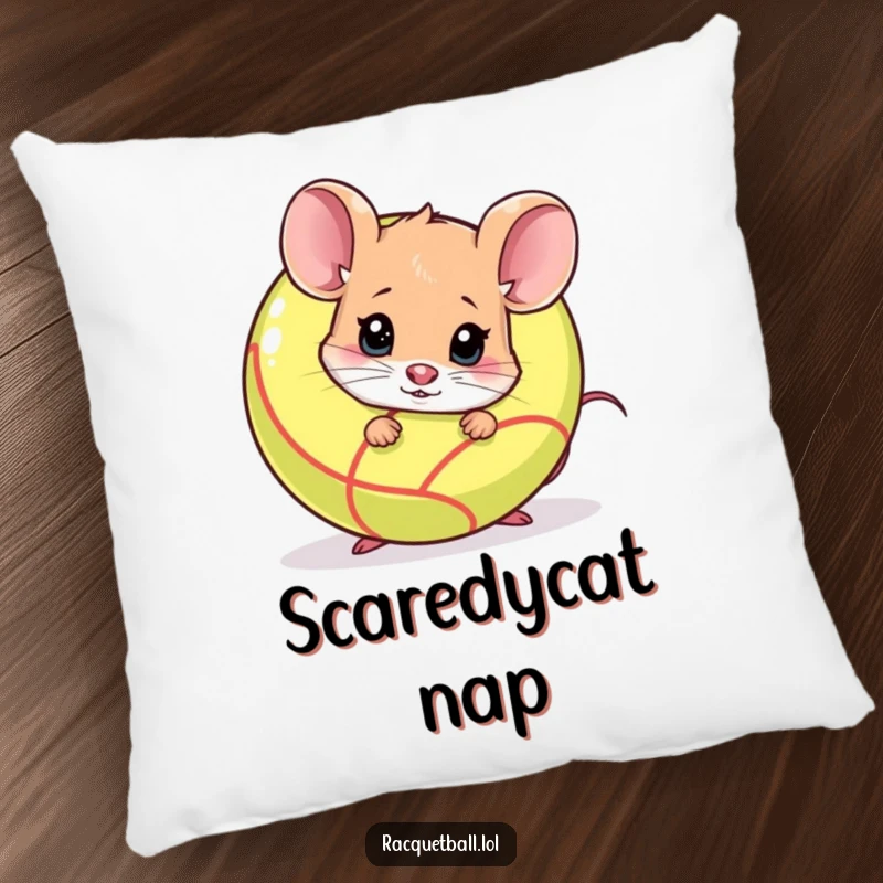 Funny shy mouse peeking from behind a racquetball on a soft pillow. A cute funny gift for comfort.