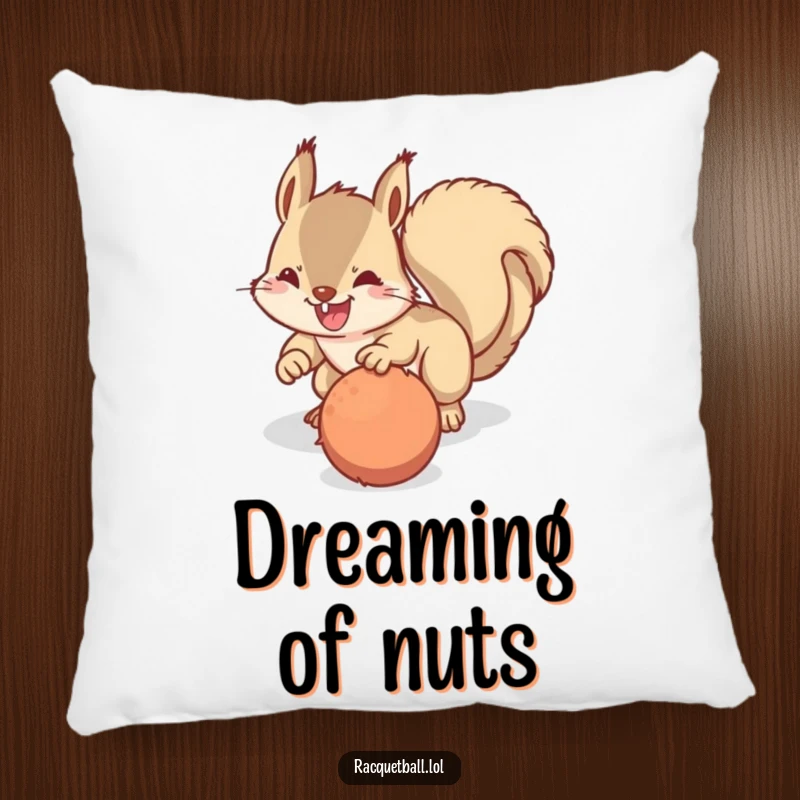 Funny pillow featuring a happy squirrel in a determined dive towards a fuzzy ball, bringing playful energy and comfort.