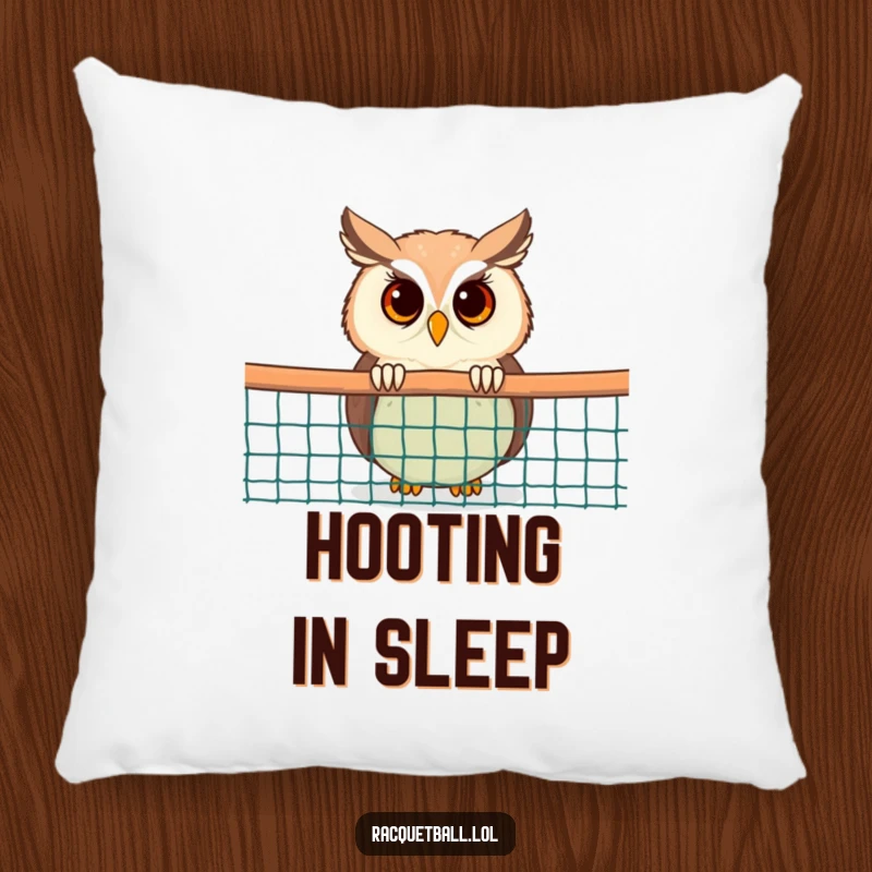 Funny Owl Pillow: A plush pillow with a curious owl peeking from behind a racquetball net, providing comfort and comedic intrigue.