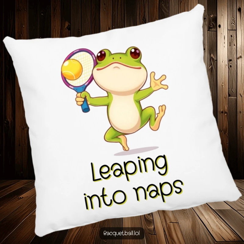 Funny frog tennis pillow, a smiling amphibian leaping with an oversized, colorful racquet, embodying playful energy and soft comfort.