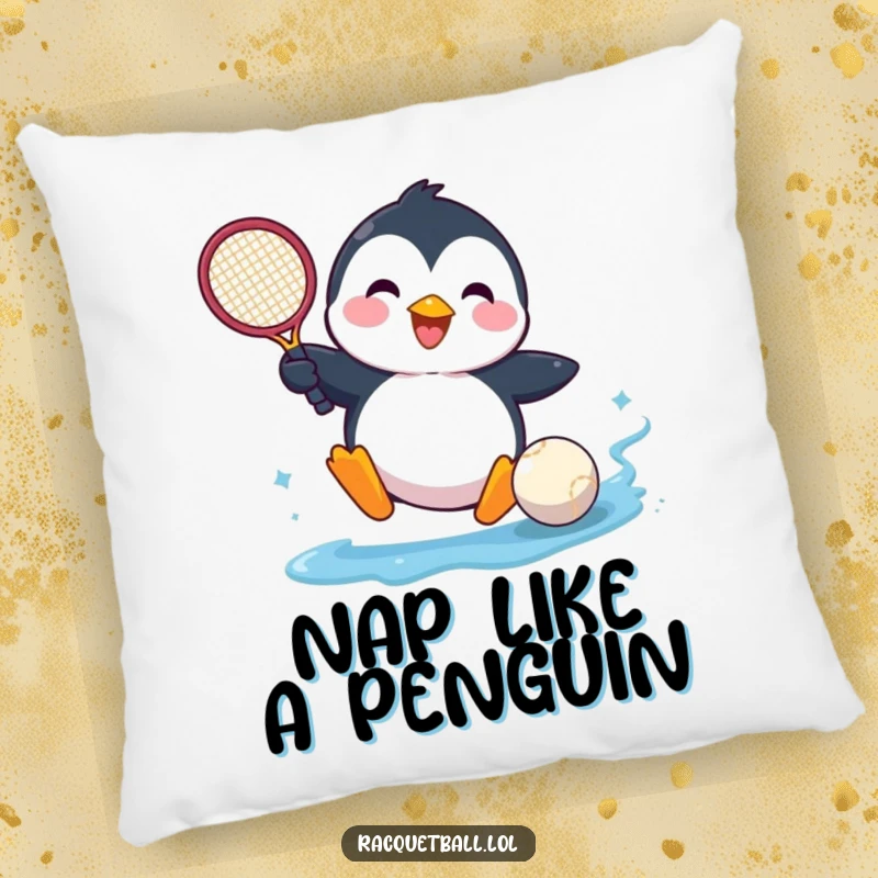 Funny pillow with a happy penguin comically sliding into a tennis ball, offering comfort and a humorous sports theme.