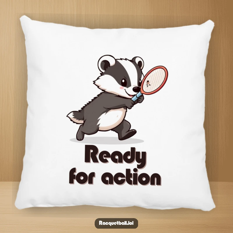 Funny badger tennis pillow, a determined athlete lunging with a racquet, embodying fierce focus and athletic power for comfort.