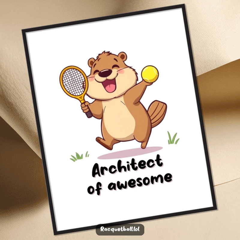 Funny digital art print of a joyous beaver mid-air, racquetball paddle poised to hit a ball with infectious, energetic glee.
