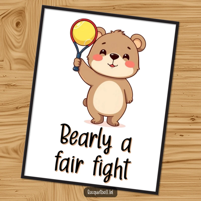 Funny Digital Art Print: Curious bear character triumphantly holding a tiny racquetball, vibrant humorous sports illustration.