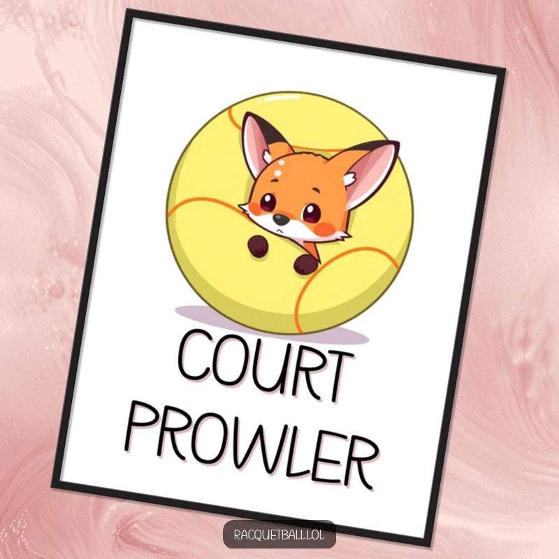 Funny fox peeking from behind a giant racquetball, ready to play, as a downloadable funny digital art print.