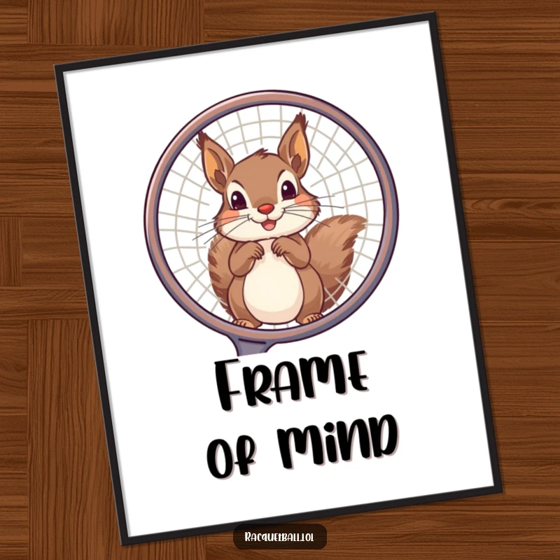Funny squirrel digital art print of a playful squirrel peeking through a large racquet frame, ideal for humorous sports-themed wall art.