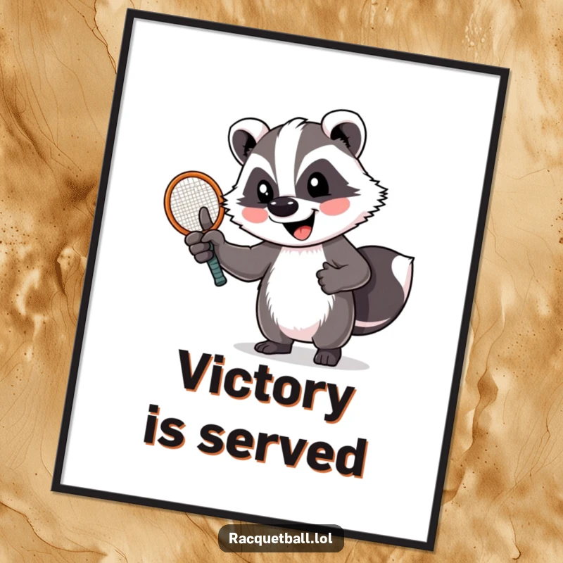 Funny digital art print of a cheerful badger giving a thumbs up, holding a tennis racquet. Humorous sports-themed decor.
