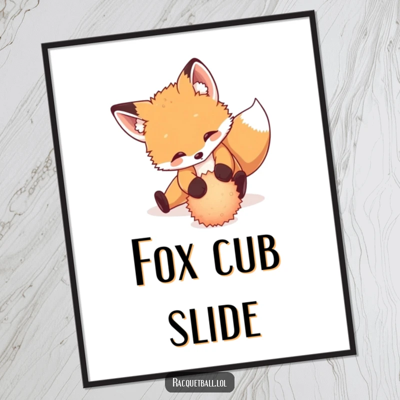 Funny digital art print of a playful fox cub sliding dramatically to return a tiny, fuzzy ball, instant decor.