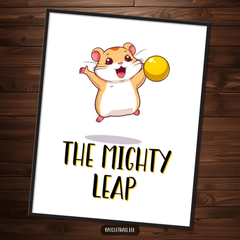 Funny digital art print of a determined hamster leaping to smash a bright yellow ball, symbolizing power.